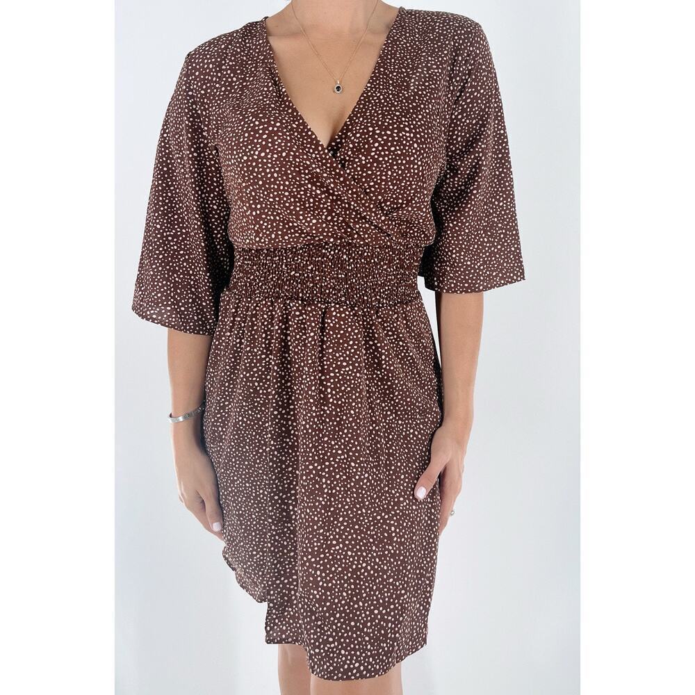 Women's Polka Dot Brown Short Sleeve V-neckline Dress Size Medium